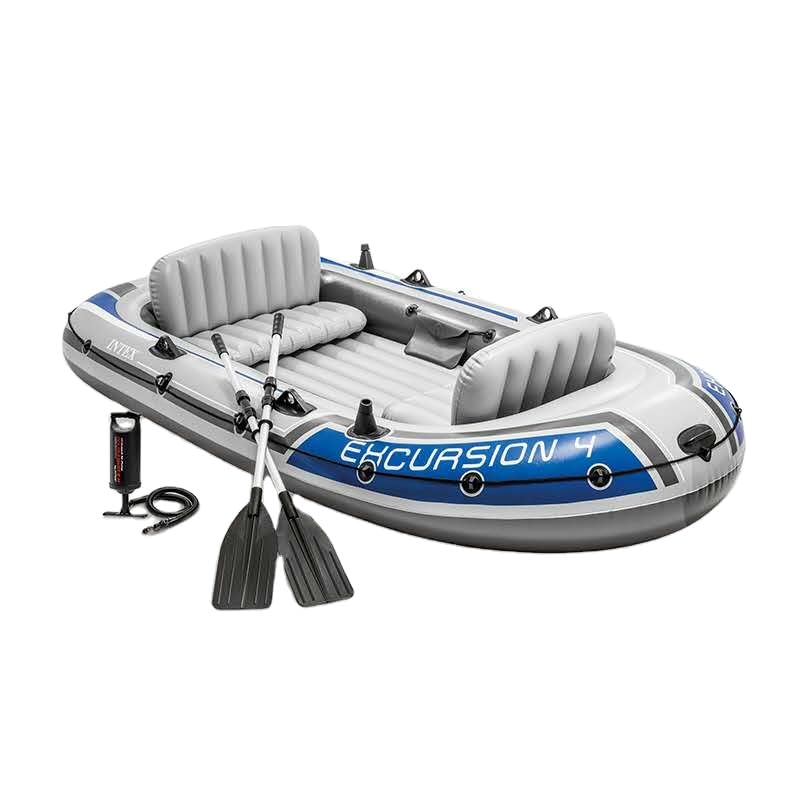 Image of Exursion 4, 4 Person Inflatable Boat for Flood Rescue, Adventure, Rafting, Fishing, for Fun and Enjoyment in River with Friends and Family, Included Oars & Air Pump (68324)