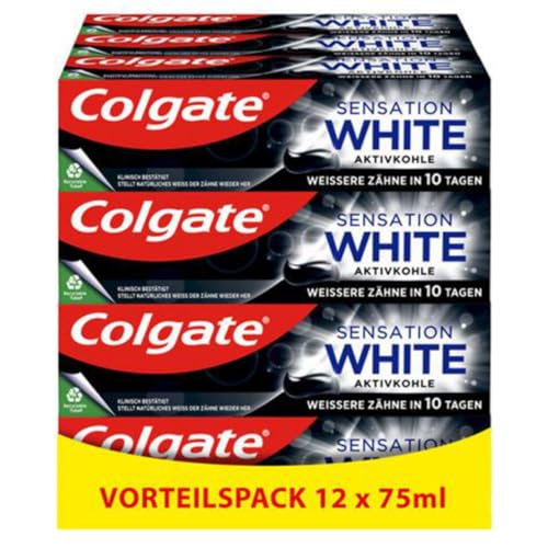 Colgate Zahnpasta Sensation White Aktivkohle 12x75 ml – zahnschmelzschonende Entfernung von Oberflächenverfärbungen –Zahnaufhellung für weißere Zähne in nur 10 Tagen
