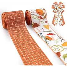2.5" Fall Burlap Fabric Ribbon for Wreath Bows Orange Plaid Autumn Leaf Wired Edge Ribbon for Crafts DIY 5 Yard Fall Ribbon for Thanksgiving Decorations Seasonal Gift Wrapping
