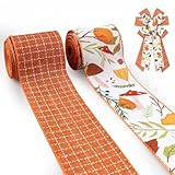 Blinket 2.5' Fall Burlap Fabric Ribbon for Wreath Bows Orange Plaid Autumn Leaf Wired Edge Ribbon for Crafts DIY 5 Yard Fall Ribbon for Thanksgiving Decorations Seasonal Gift Wrapping