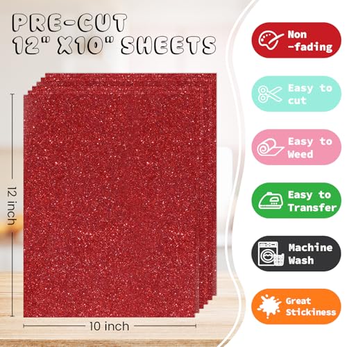 Image of 3D Puff Glitter HTV, 6-Pack 12 inchx10 inch Sheets. Iron-On Vinyl for Fabrics, Compatible with Cricut & Cameo for Easy DIY T-Shirts & Crafts. (Red Glitter Puff, 12 inch x 10 inch)