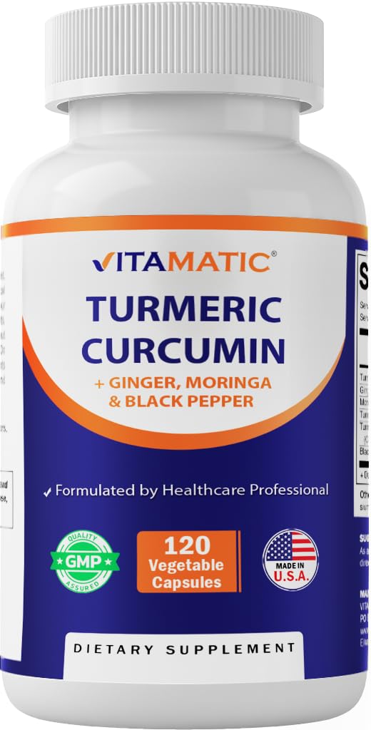 Vitamatic Turmeric Curcumin Supplement (10:1 Equivalent 3000 mg Per Serving, Made with 95% Curcuminoids, Black Pepper, Ginger, Moringa) 120 Vegetable Capsules, Non-GMO, Gluten Free (120 Capsules)
