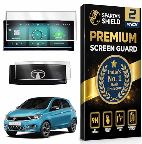 Image of Spartan Shield [2 PACK] Screen Guard For TATA TIAGO 2025 Facelift | XZ, XZ NRG & XZ+ | 10.25 Inch Infotainment [Thin Corner] + Steering Cluster Protector || Anti Scratch | Water Resistant | HD Clear | High Touch Sensitivity | TataTiago 9H Car Display Accessories [Not Tempered Glass] [**Not Compatible with New 2026 Facelift Model**]