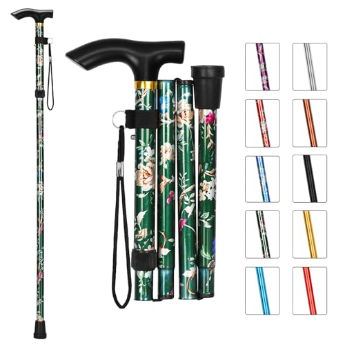 Image of MFE Folding Cane, Portable 5-Level Adjustable Height Walking Stick with Foldable Design, Wrist Strap, and T Handle for Men and Women (Green Floral)