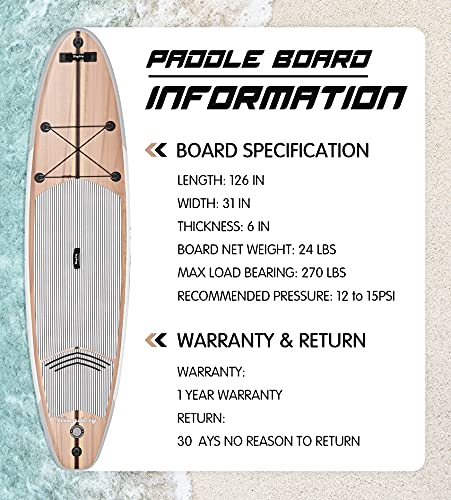Upgraded 10\'6 Inflatable Stand Up Paddle Board, Paddleboards with Adjustable Paddle, Non-slip Deck, Safety Leash, Backpack, 3 Detachable Fins, Hand Pump, Repair Kit for Youth and Adults, Wood Grain