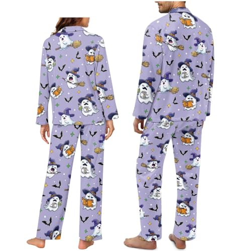 Halloween Pjs Couple Set Men Halloween Pajamas Lounge Wear Ghost Pajamas Mens Long Sleeve Pajama Set Button Down Lounge Sets Couple Matching Outfits2