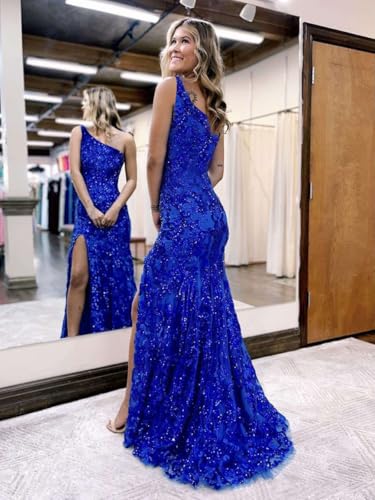 One Shoulder Sequin Prom Dresses 2025 Sparkly Mermaid Long Formal Evening Gown with Slit3