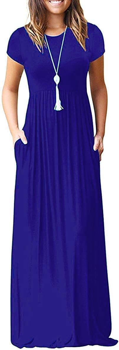 DEARCASE Maxi Dress for Women Short Sleeve Casual Summer Loose Plain Comfy Long Dresses with Pockets