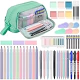 54 PCS Aesthetic School Supplies, Stationery Essentials Set with Large Pen Case, Mechanical Pencils & Gel Pens with Refills, Markers, Erasers, Highlighters, Sticky Notes, Correction Tapes (Green)