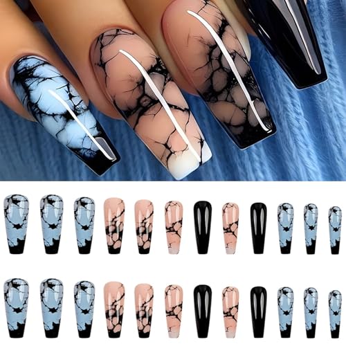 24 Pcs Marble Press On Nails Extra Long False Nails Ballerinas Acrylic Nails Glossy Full Covers Stick on Nails for Woman - Image 3
