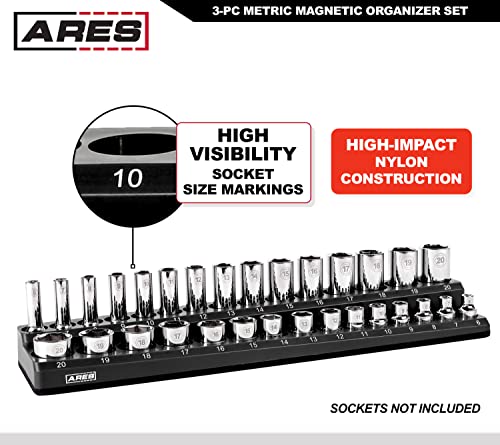 Ares 60034-3-Piece Black Metric Magnetic Socket Organizer Set - Includes 1/4-Inch, 3/8-Inch, And 1/2-Inch Socket Holders - Holds Standard Size And Deep Size Sockets - Keeps Your Tool Box Organized #TOP3