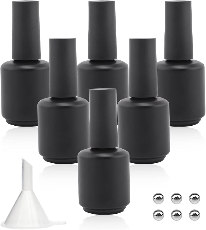 Agidea Kit com 6 Frascos Vazios para Esmalte, 15 mL, Preto Fosco, com Pincéis, Esferas de Mistura e Funil