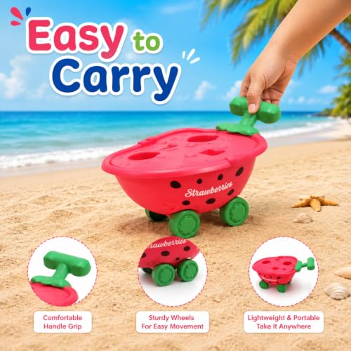 Image of WISHKEY Beach Toys for Kids 6 Pcs Fruit Beach Sand Toy Set with Strawberry Wheelbarrow, Sand Rake, Sand Shovel & Fruit Moulds Beach Sand Play Set for Boys & Girls ABS Plastic 18 Months+ Multicolor