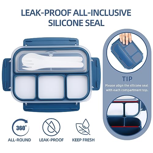 Image of QQKO Bento Box Adult Lunch Box, Lunch Containers for Adults Men Women, Kids Lunch Boxes for School with 4 Compartments, Sauce Container, Utensils and Muffin Cups, Navy
