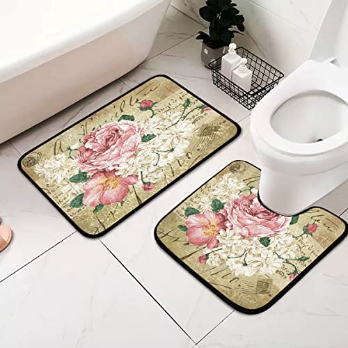 Orezi Vintage Shabby Chic Pink Rose Floral Bathroom Rug Set 2 Piece Non-Slip Bath Runner U-Shaped Contour Toilet Mat Bath Rug Water Absorbent,Machine Washable #TOP1