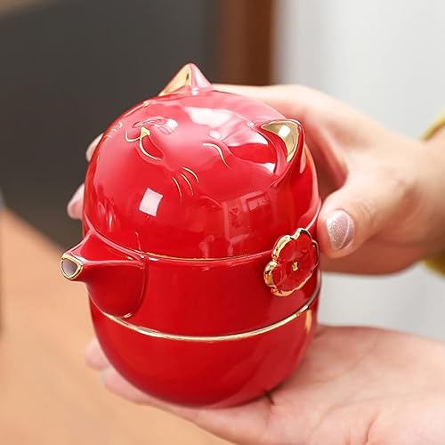 Vista 3 de Portable Ceramic Tea Cup Set: Lucky Cat Porcelain Teapot Set with Tea Strainer - Lids and 1 Shockproof Storage Case - Suitable for Travel - Outdoor