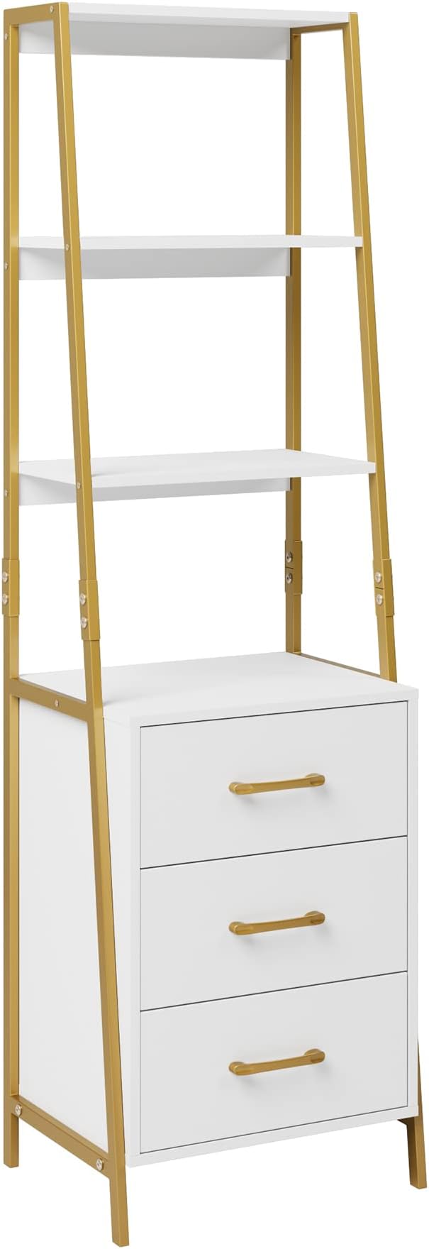 HITHOS Bookshelf with 3 Wooden Drawers, Industrial Bookcase with 4 Tiers Open Storage Shelves, Tall Nightstand, Display Shelf for Bedroom, Living Room, Home Office, White Gold
