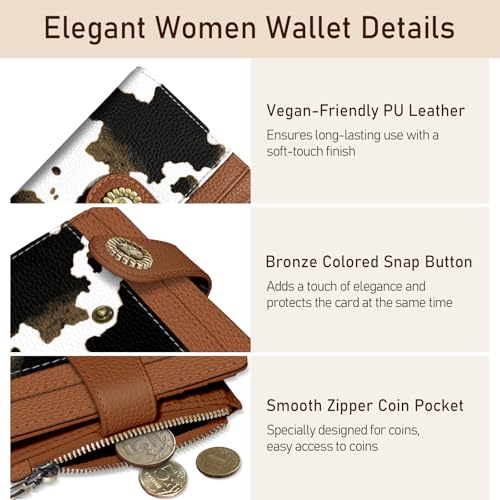 Image of Kelvoris Cow Print Brown Small Rfid Women Wallet Bifold Zipper Coin Pocket | PU Leather Compact Cash Credit Card Holder Travel Purse for Female Ladies Teen Girls 1 ID Window 10 Card Slots