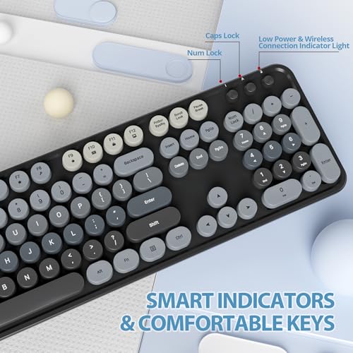 Image of Fogruaden Black Keyboard and Mouse Wireless, Retro Typewriter Keyboard, 2.4GHz 104 Keys Full Size Cute Keyboard with Number Pad, Gradient Colorful Round Keycaps for Windows PC Desktops Laptop