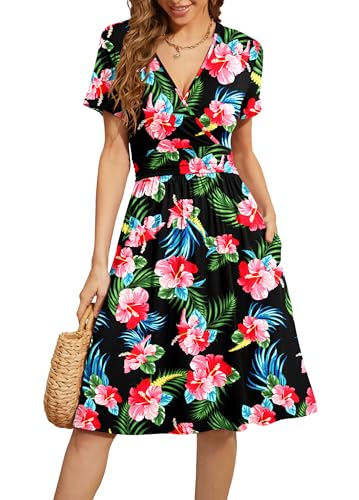Image of WEACZZY Women's Summer Short Sleeve Casual Dresses V-Neck Floral Party Dress with Pockets
