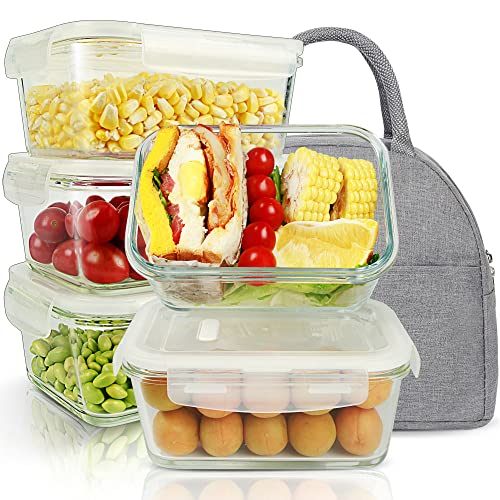 5 Pack 36.8Oz Glass Food Storage Containers Meal Prep Containers Reusable Fridge Organizers Lunch Container For Adults Food Storage Containers With Lids Airtight Pizza Storage Salad Container #TOP11