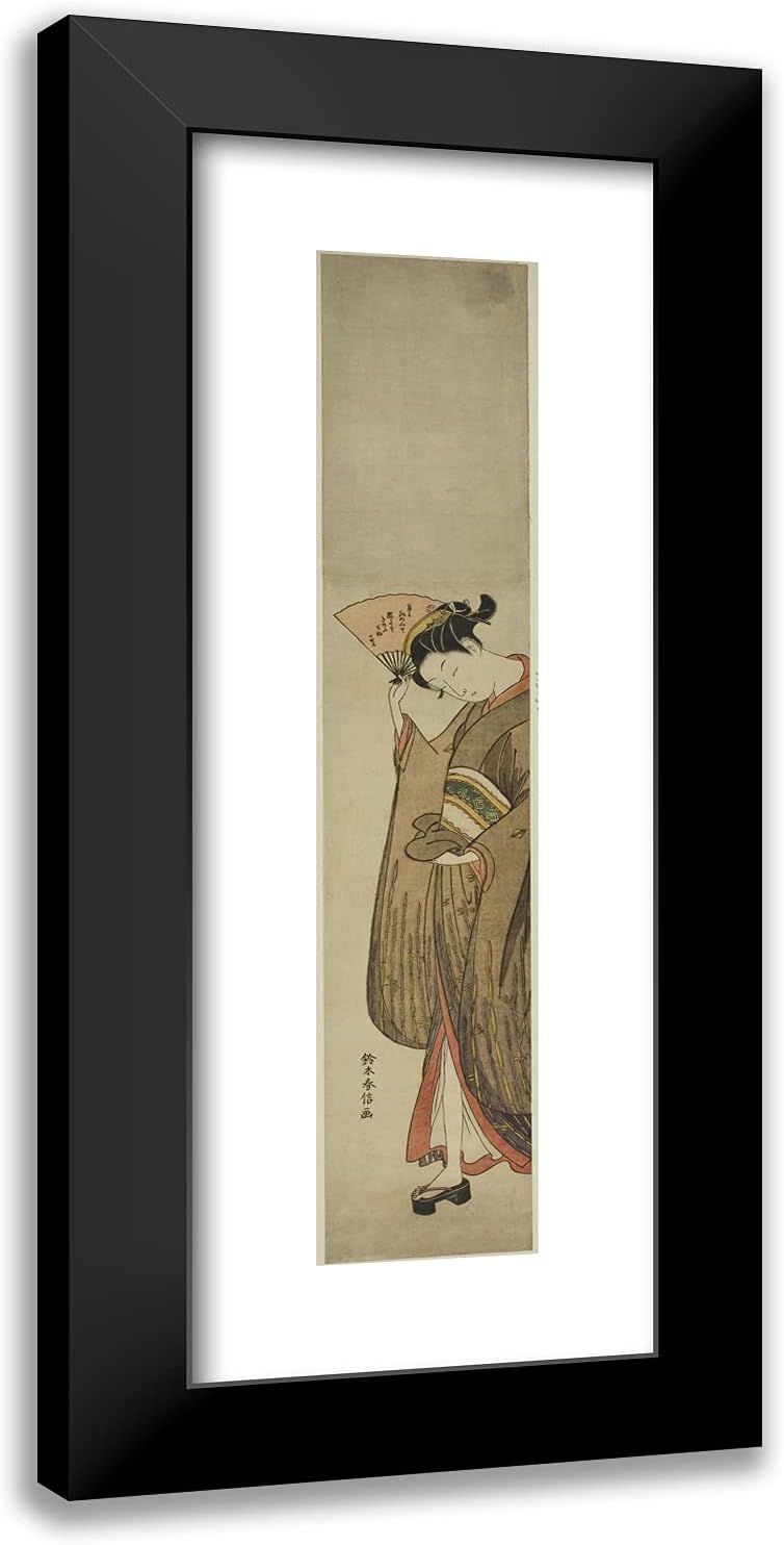 ArtDirect Suzuki Harunobu 11x24 Black Modern Framed and Double Matted Art Print Titled Young Woman Holding a Fan