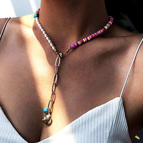 Wiwpar Dainty Boho Heishi Choker Y Necklace Simulated Pearl Chain Choker Conch Pendant Turquoise Necklace For Women And Girls #TOP1
