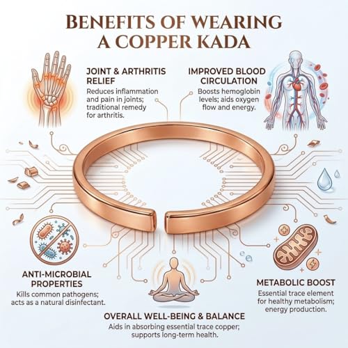 Image of Pure Copper Kada Bracelet for Men & Women, Adjustable Open Bangle, Joint Pain & Arthritis Relief, Improved Blood Circulation, Unisex Traditional Style