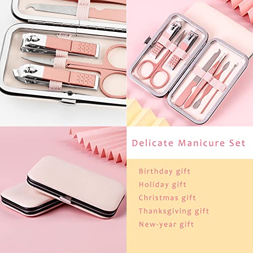 Pink Manicure Set Beauty Tool Portable - Nail Clipper Pedicure Grooming Kit Stainless Steel 7 in 1 Luxury Leather Travel Case, for Woman Girl Home Travel Gift Giving - Thumbnail 4