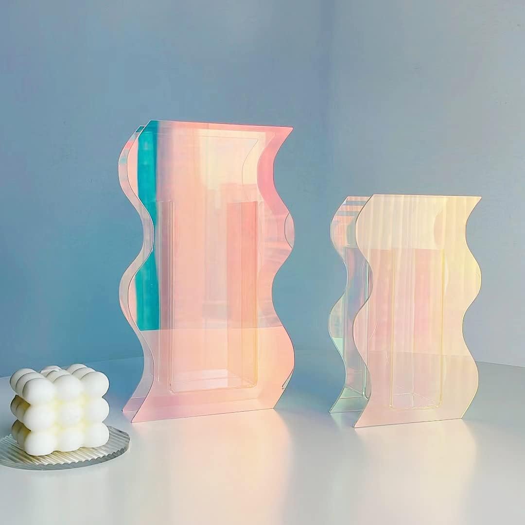 Smartmak Iridescent Acrylic Vase, Rainbow Colored Clear Modern Design Vases Home Décor, Colorful Wedding Decorations, for Artificial Flower, Office, Tabletop, Make Up Brushes Organizer Holder- L