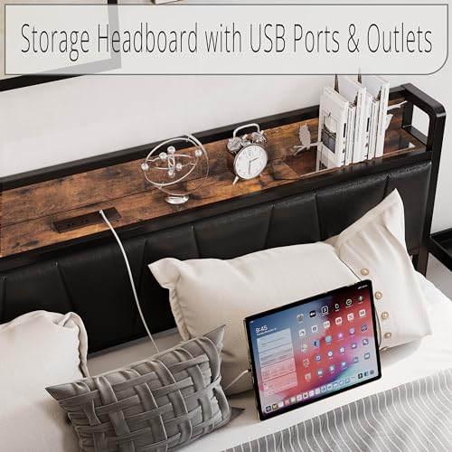 image for LIKIMIO Queen Bed Frame, Storage Headboard with Charging Station, Soli