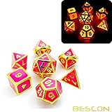 Bescon Super Glow in the Dark Metal Polyhedral Dice Set Golden and Rose, Luminous Metallic RPG Role Playing Game Dice 7pcs Set