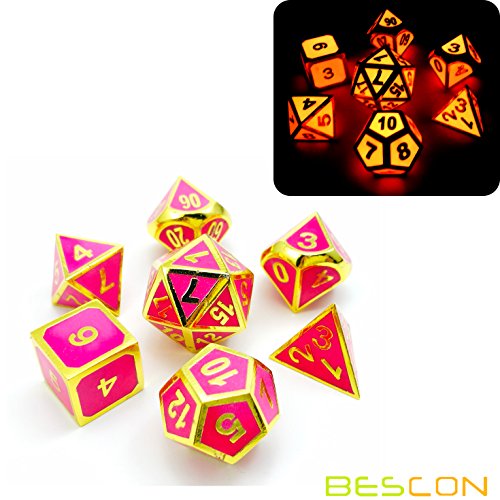 Bescon Super Glow in The Dark Metal Polyhedral Dice Set Golden and Rose, Luminous Metallic RPG Role Playing Game Dice 7pcs Set