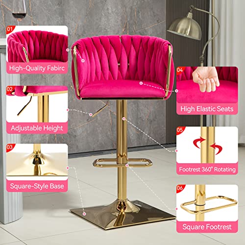 Nioiikit Bar Stools Set Of 2 With 360° Swivel Hand Woven Backrest Design Upholstered Adjustable Counter Velvet Bar Stool With Golden Bracket Back And Footrest Bar Chair For Kitchen, Pub (Rose Red) #TOP1