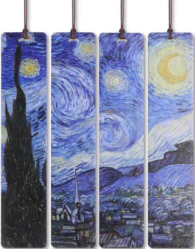 Donxote 4-Piece Wooden Bookmarks Set, Connecting Van Gogh The Starry Night Puzzle Design, Premium Art Bookmark Gift with Tassel for Book Lovers, Readers, Men & Women