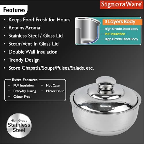 Image of Signoraware Fresh Hammered Stainless Steel Casserole with Steel Lid | Airtight & Leakproof | Retain Freshness For Hours | Perfect For Side Dishes & Everyday Table Servings (500ml | Steel)