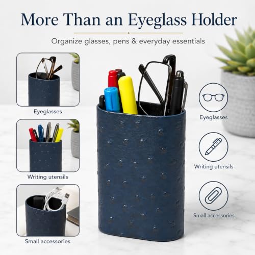Image of Calabria Desktop Eye Glasses Holder Soft Lining Weighted Base Eyeglasses Stand Case Desks Nightstands PU Leather Mens Womens