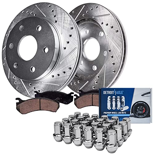 Image of Detroit Axle - 4WD Front Drilled & Slotted Rotors & Ceramic Brake Pads + | 24pc Wheel Lug Nuts Replacement for Ford F-150 Lincoln Mark LT - 28pc Set