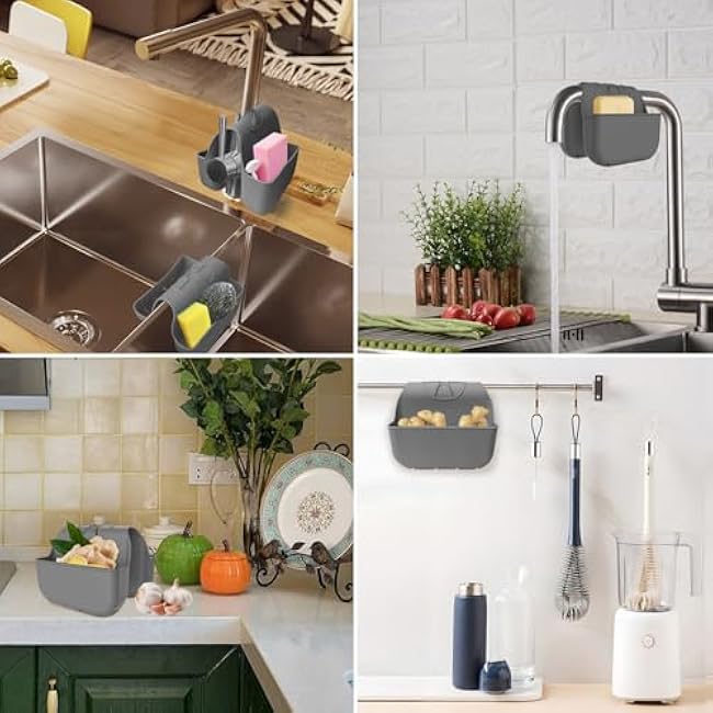 Sponge Holder for Kitchen Sink, Silicone Sink Saddle Caddy Organizer Rack, Sponges Holder Over Faucet, Hanging Kitchen Organizer Accessories Rack Basket Dark Gray