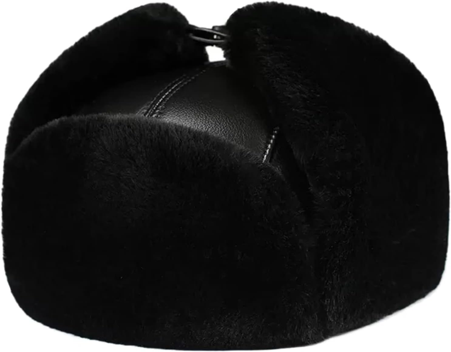 Men's Winter Earflap Trapper Hunting Hat with Ear Flaps Unisex Hat Leather Bomber Hat,Black-L