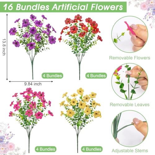 Image of Bassion 16 Bundles Artificial Flowers for Outdoors Fake Flowers, Mixed | UV resistant, silk flowers, realistic faux plants for outdoor planter, window box porch patio garden home outside decor