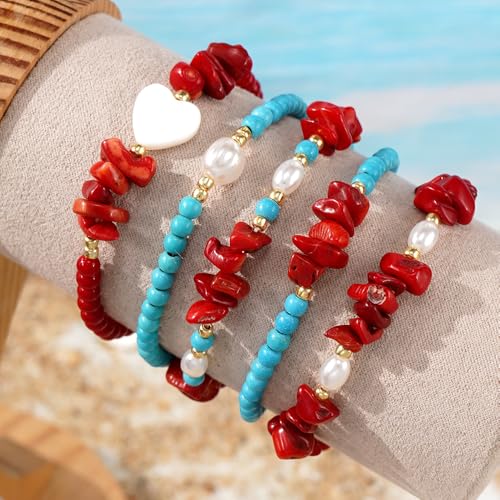 Red Jasper Turquoise Beads Stackable Elastic Bracelet for Women,5PCS/set Pearl White Heart Stack Bracelets Charm Accessories Fashion Jewelry Gifts4
