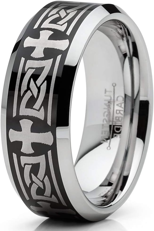 Metal Masters Co. Men's Tungsten Ring Christian Cross Celtic Wedding Band Laser Etched Black 8MM 7-15