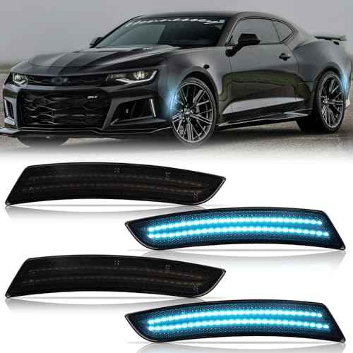 POPMOTORZ 4 Pack Front Rear Fender LED Side Marker Lights Compatible With Chevy Camaro 2016 2017 2018 2019 2020 2021 2022 2023 LED Bumper Side Marker Lamps Smoked Lens Ice Blue LED