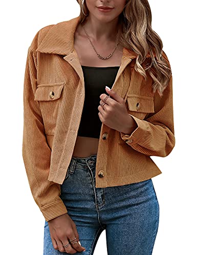 Gihuo Women's Fashion Cropped Shacket Button Down Corduroy Shacket Jackets Casual Plaid Long Sleeve Crop Shirts Jackets Tops (Khaki, Small)