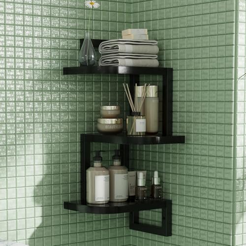 hi-home Eckregal Hängend Set aus 3, Rustikale Holz-Wandaufbewahrung für Kinderzimmer Bücherregal, Niedliches Eck-Wandregale aus Holz für Badezimmer Wohnzimmer Küchendekoration, Schwarz