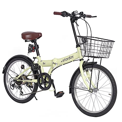 折りたたみ自転車 小径車 20インチ シマノ６段変速 カゴ付き ワイヤ錠・LEDライトのプレゼント付き 前後泥除け装備 ハンドルの高さ調節できる 折り畳み自転車 ミニベロ 3色デザイン (クリーム)