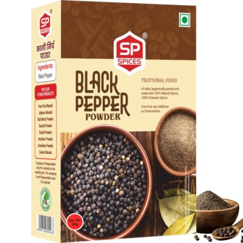 Image of SP Spices Kashmiri Mirch, Chaat Masala, Amchur, Ginger Powder & Kasoori Methi Combo Pack | Premium Indian Spices | Perfect for Cooking, Snacks, Chaat, Curries , vegetables & Marinades (50g kali mirch Powder)