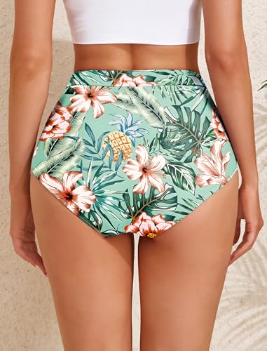 Arolina Plus Size High Waisted Tankini Bottoms Ruched Tummy Control Bikini Swimsuit Bathing Suit Mint Green Tropical — view 4