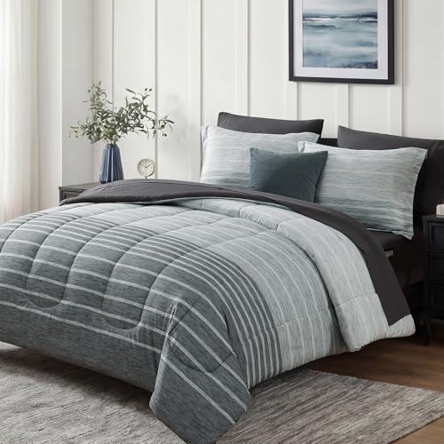 Image of Monbix Twin XL Comforter Set - Extra Long 5 Pieces Dorm Bedding Sets, Grey-Stripe Bedding Sets, All Seasons Comforter Bed Set with Sheets, Pillowcase & Sham